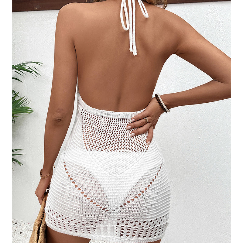 Neckholder zum Schnüren, ausgehöhlt, mit Cutouts, texturiert, sexy, großer Rückenausschnitt, tiefer U-Boot-Ausschnitt, Strandkleid, Häkelnadel