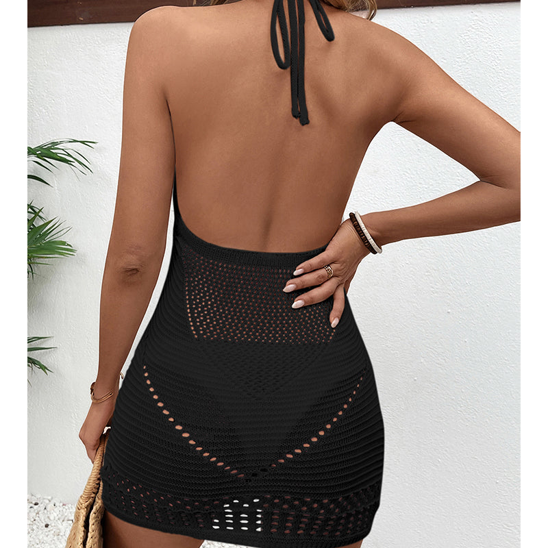 Neckholder zum Schnüren, ausgehöhlt, mit Cutouts, texturiert, sexy, großer Rückenausschnitt, tiefer U-Boot-Ausschnitt, Strandkleid, Häkelnadel