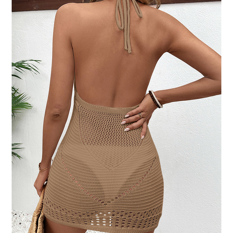 Neckholder zum Schnüren, ausgehöhlt, mit Cutouts, texturiert, sexy, großer Rückenausschnitt, tiefer U-Boot-Ausschnitt, Strandkleid, Häkelnadel