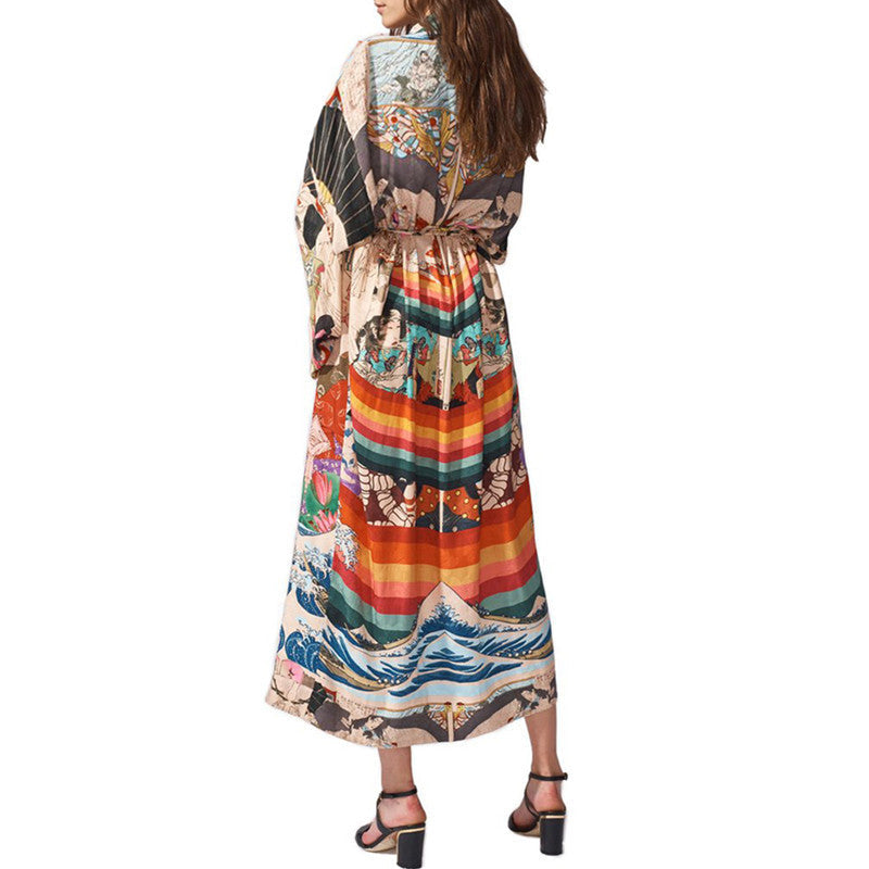 Kimono séchage rapide en polyester imprimé japonais, couverture de plage, cardigan, paréo de plage, chemise de protection solaire