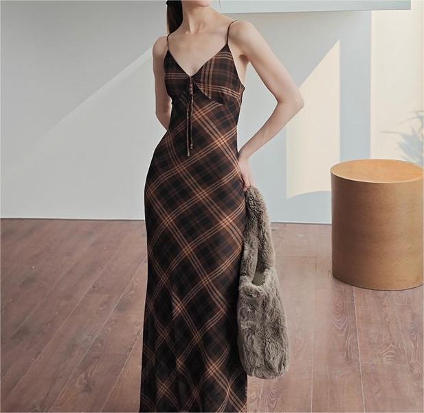 Robe d'été Rétro Plaid Sexy Socialite Slim à Bretelles pour Femme