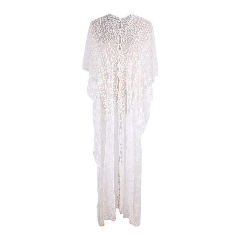 Bestickte Netz-Robe Lockeres Strandkleid Urlaubskleid Strand-Pareo Sonnenschutz-Kleidung für Damen