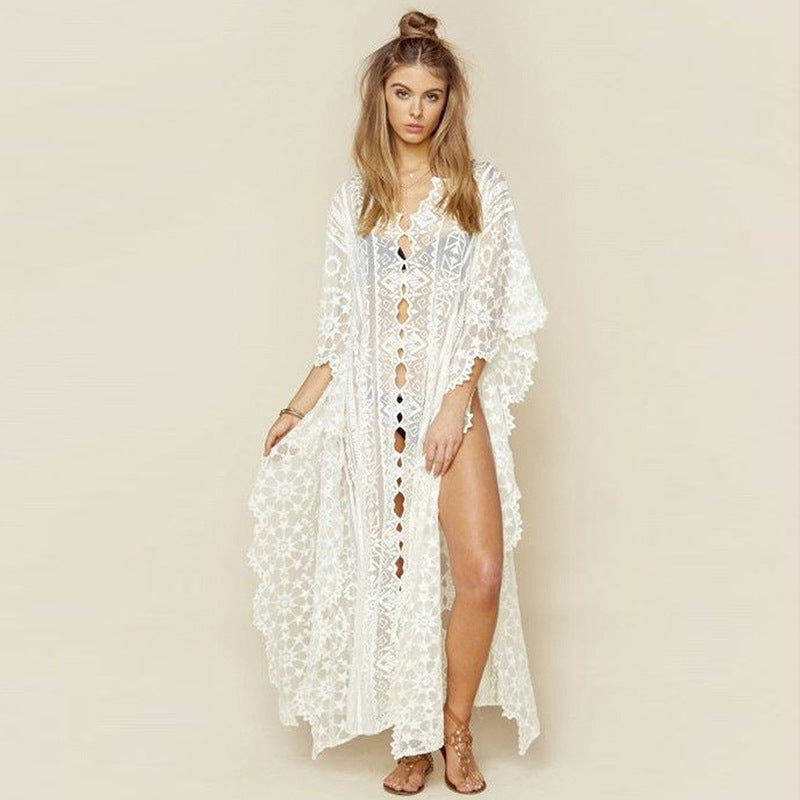 Bestickte Netz-Robe Lockeres Strandkleid Urlaubskleid Strand-Pareo Sonnenschutz-Kleidung für Damen
