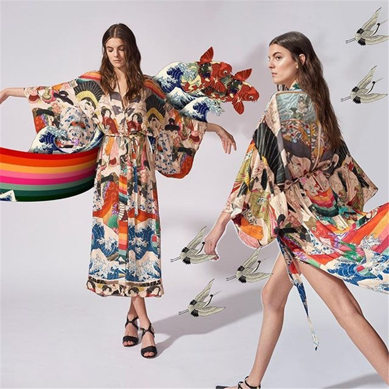 Kimono séchage rapide en polyester imprimé japonais, couverture de plage, cardigan, paréo de plage, chemise de protection solaire