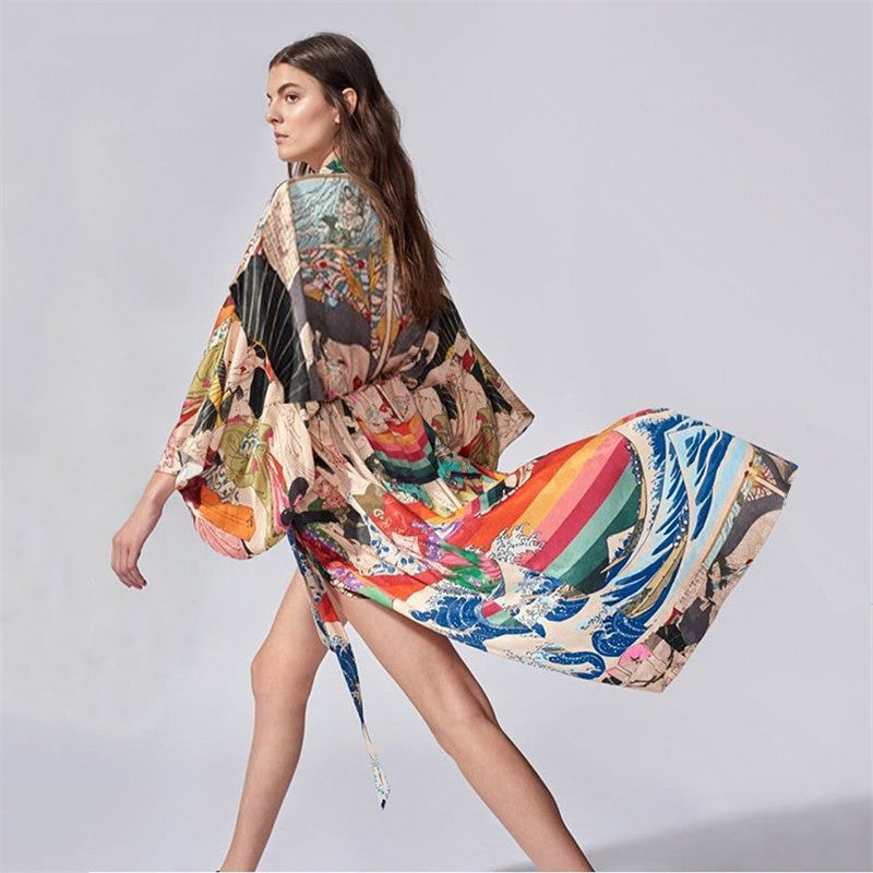 Kimono séchage rapide en polyester imprimé japonais, couverture de plage, cardigan, paréo de plage, chemise de protection solaire