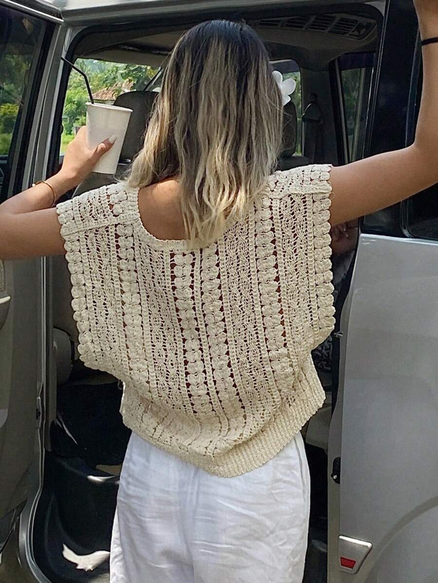 Gehäkelte hohle Weste Haarpullover Oberteil Häkelnadel