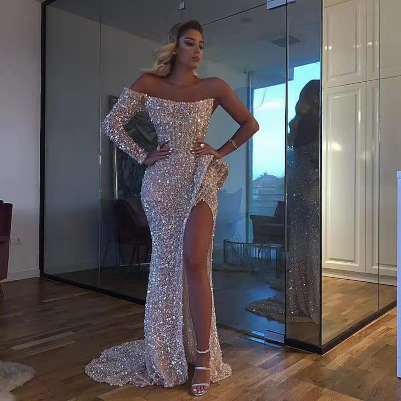 Robe sexy femme printemps-été, épaules dénudées, robe de soirée cocktail ornée de paillettes