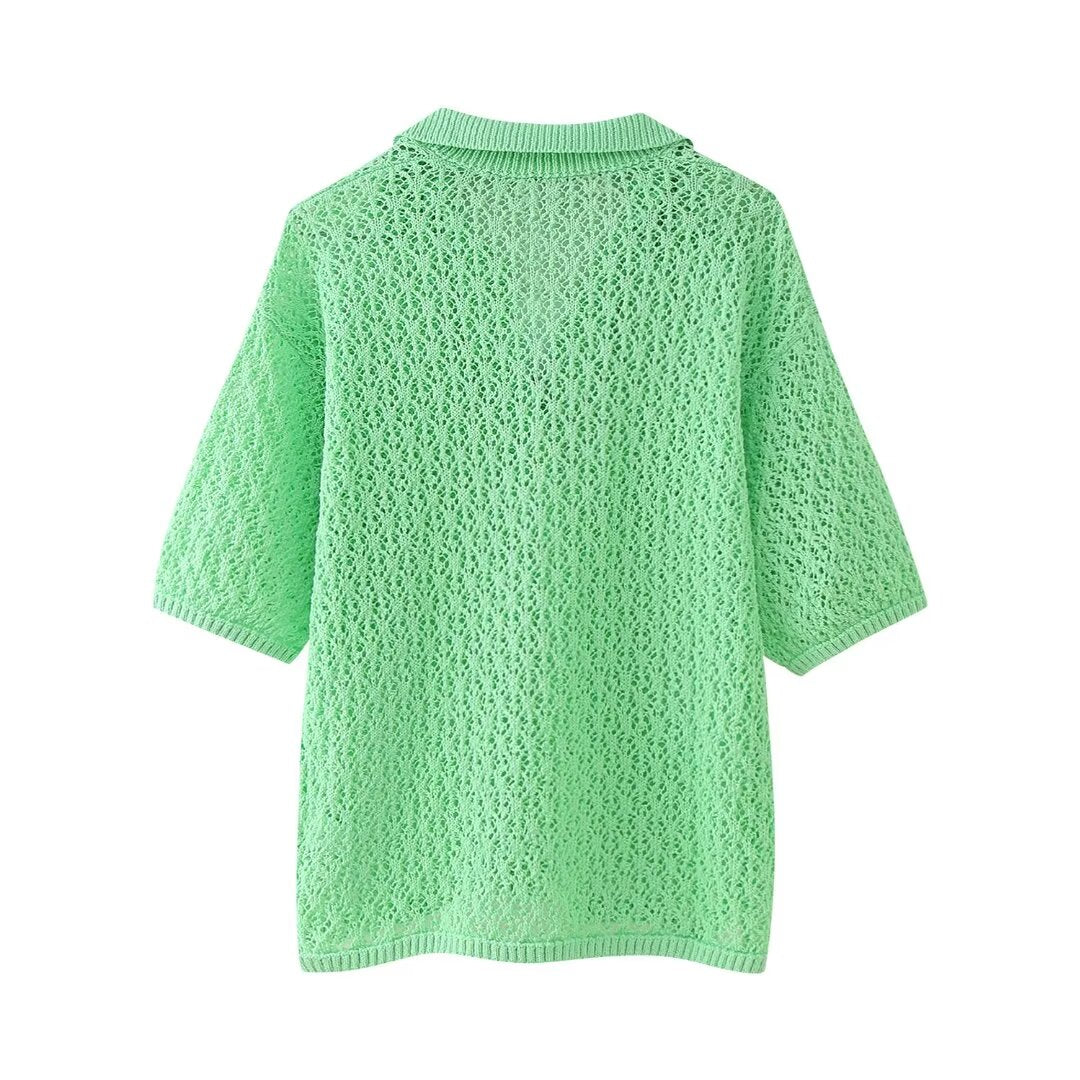 Damenbekleidung Sommer Jacquard Mesh Lockerer Polokragen Strickwaren