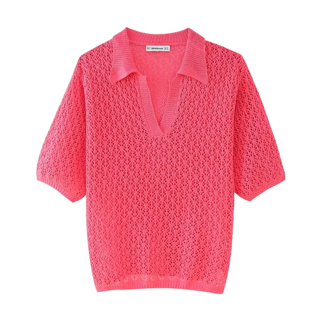 Damenbekleidung Sommer Jacquard Mesh Lockerer Polokragen Strickwaren