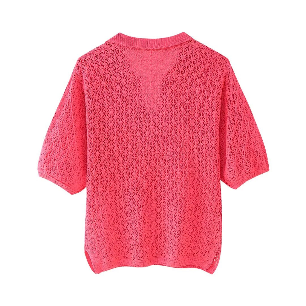 Damenbekleidung Sommer Jacquard Mesh Lockerer Polokragen Strickwaren