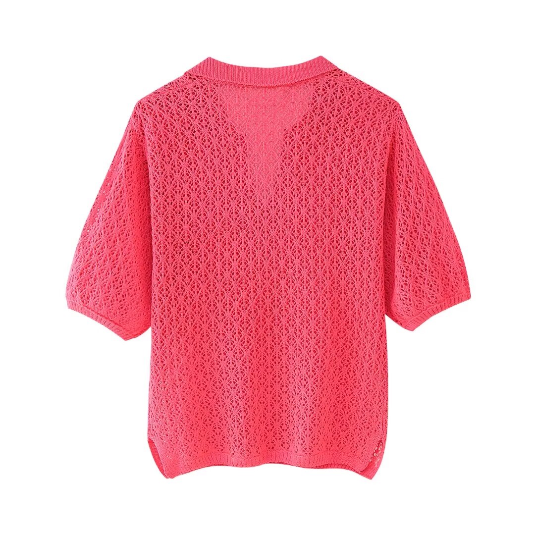Damenbekleidung Sommer Jacquard Mesh Lockerer Polokragen Strickwaren