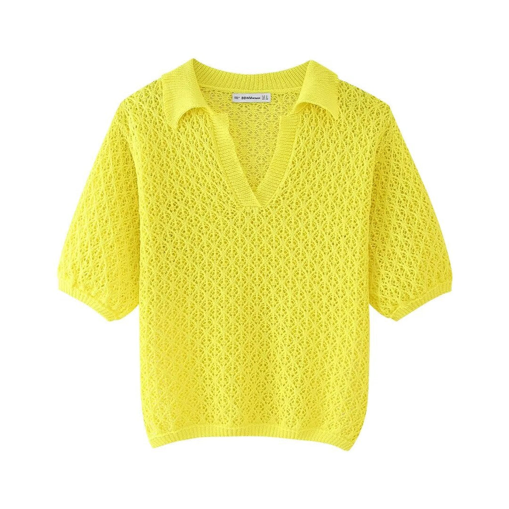 Damenbekleidung Sommer Jacquard Mesh Lockerer Polokragen Strickwaren