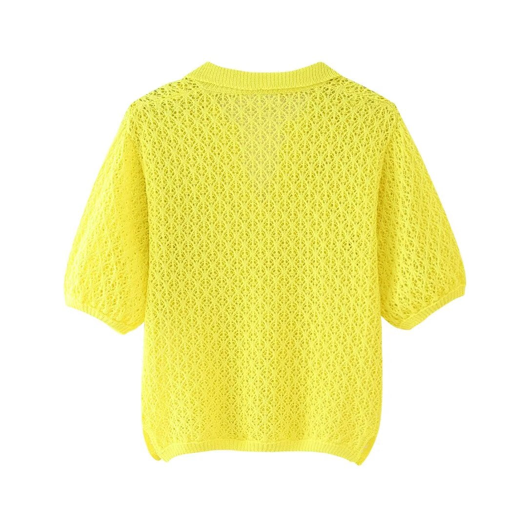 Damenbekleidung Sommer Jacquard Mesh Lockerer Polokragen Strickwaren
