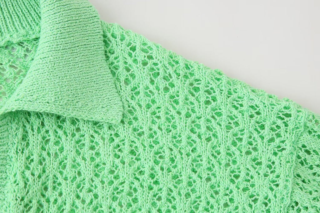 Damenbekleidung Sommer Jacquard Mesh Lockerer Polokragen Strickwaren