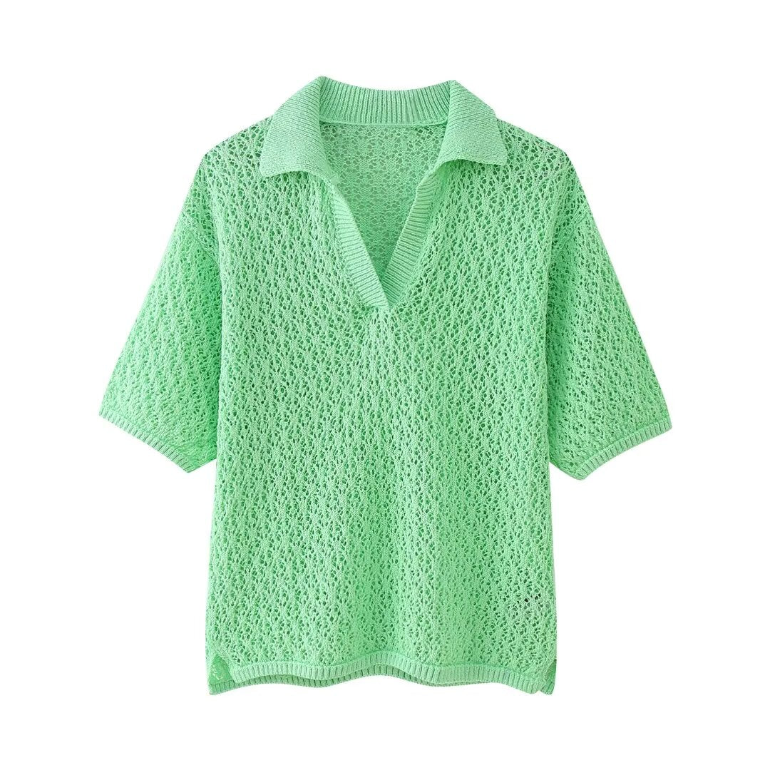 Damenbekleidung Sommer Jacquard Mesh Lockerer Polokragen Strickwaren