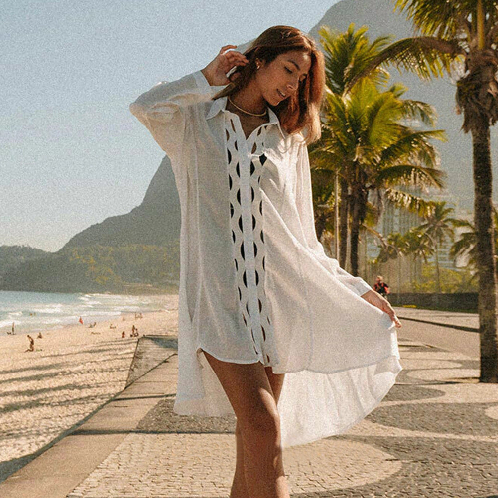 Slub-Baumwolle Patchwork-Kanten Hemd Sonnenschutz Cardigan Urlaub Strandmantel Bikini-Überwurf Bluse