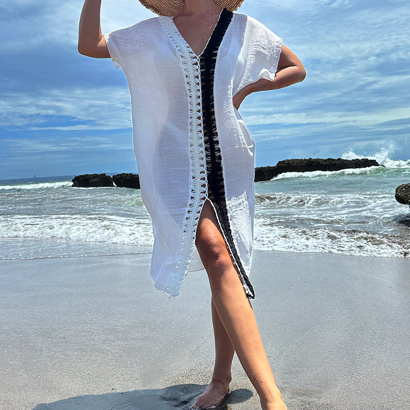 Couverture de plage au crochet faite à la main, couleur contrastante, transparente, protection solaire, fente centrale, sexy, crochet
