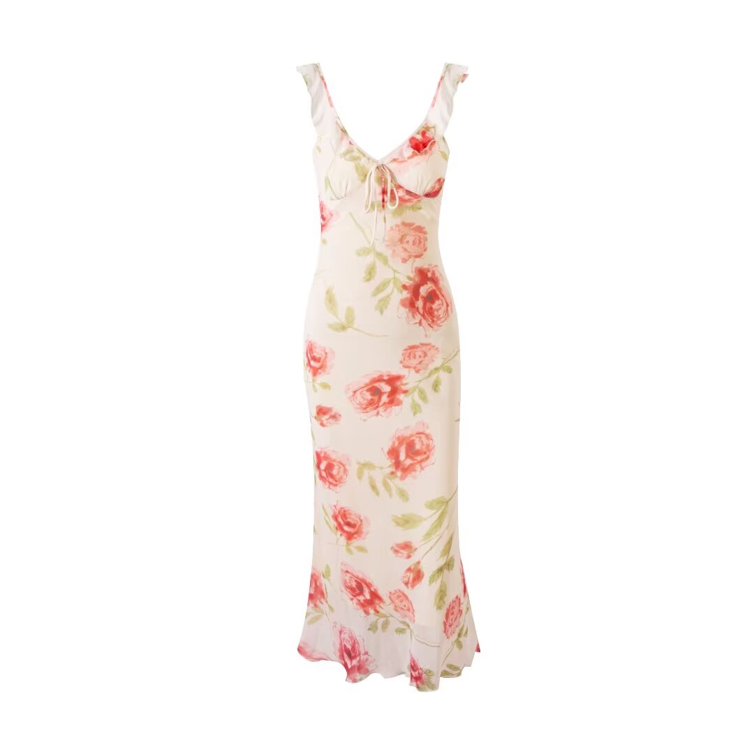 Frühling Sommer Französisch Sexy Romantisches Lotusblatt Bedrucktes V-Ausschnitt Schräg Geschnittenes Fischschwanzkleid