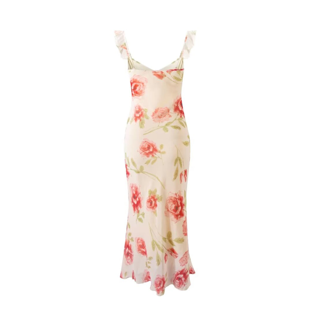 Frühling Sommer Französisch Sexy Romantisches Lotusblatt Bedrucktes V-Ausschnitt Schräg Geschnittenes Fischschwanzkleid