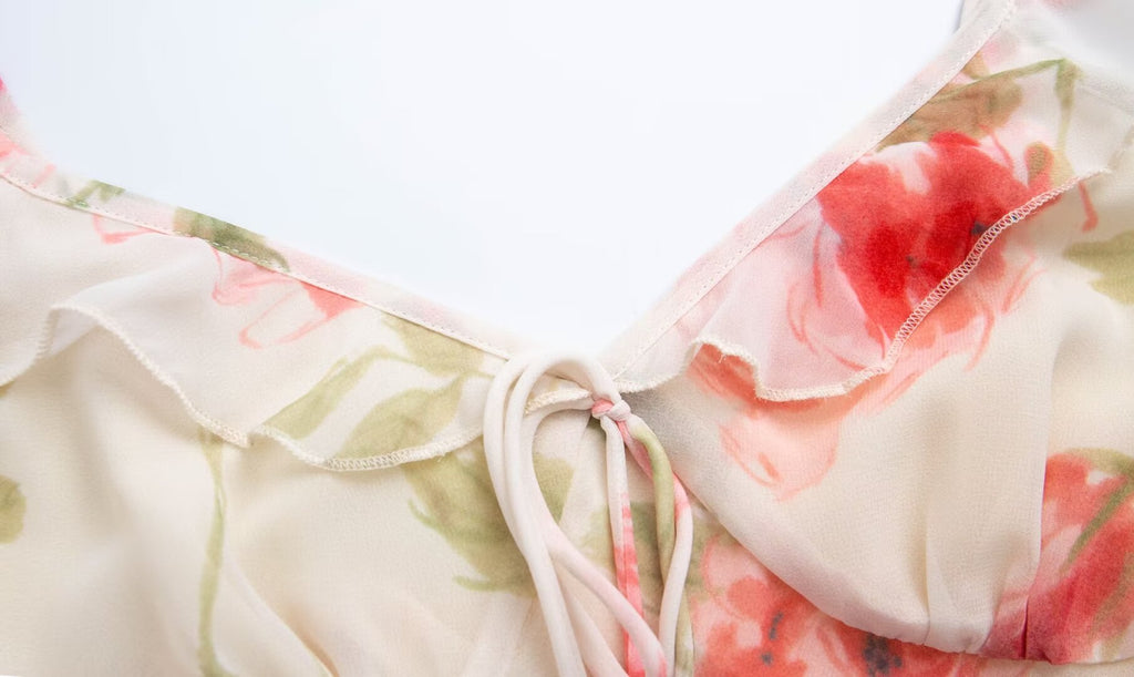Frühling Sommer Französisch Sexy Romantisches Lotusblatt Bedrucktes V-Ausschnitt Schräg Geschnittenes Fischschwanzkleid