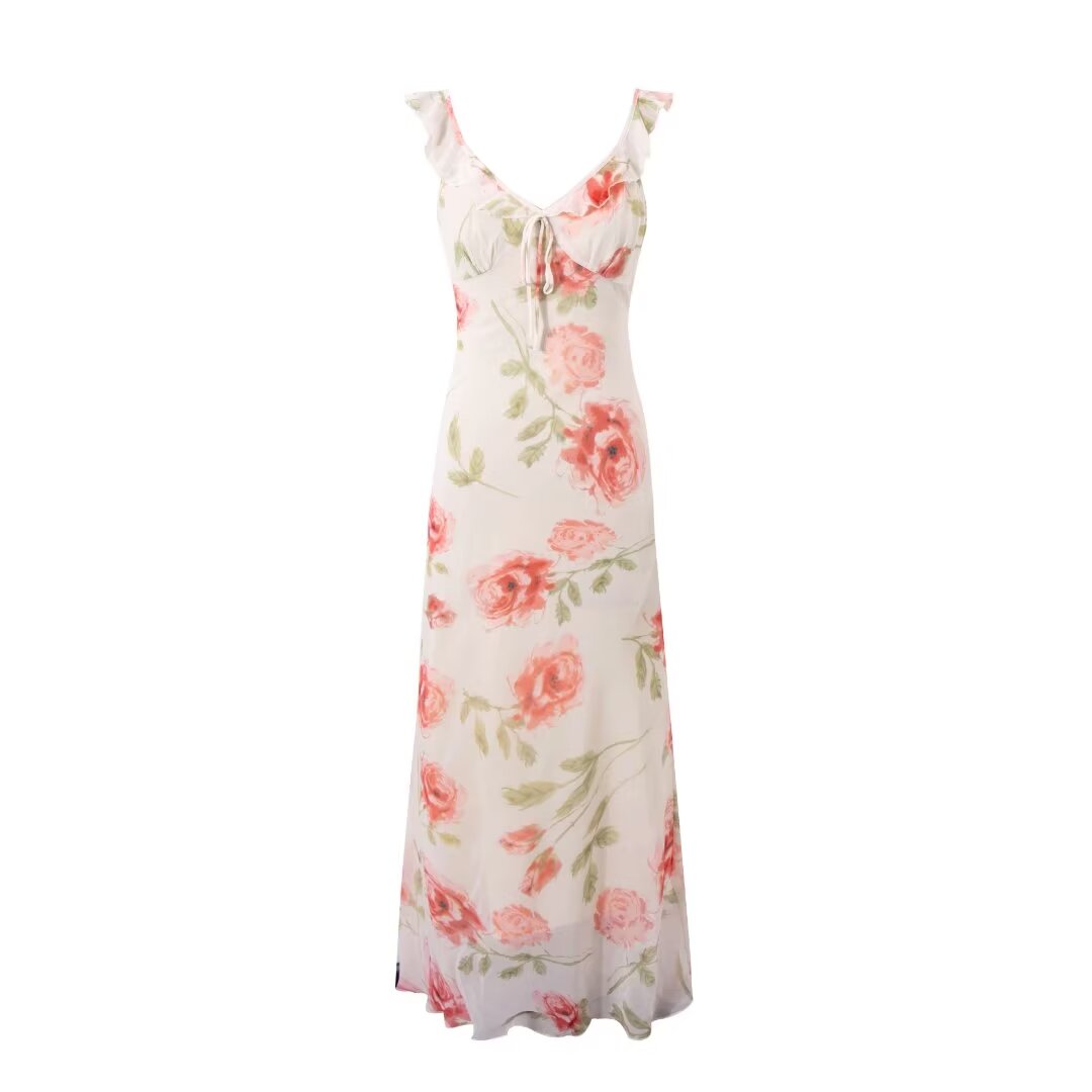 Frühling Sommer Französisch Sexy Romantisches Lotusblatt Bedrucktes V-Ausschnitt Schräg Geschnittenes Fischschwanzkleid