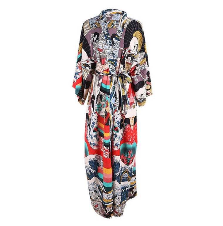 Kimono séchage rapide en polyester imprimé japonais, couverture de plage, cardigan, paréo de plage, chemise de protection solaire