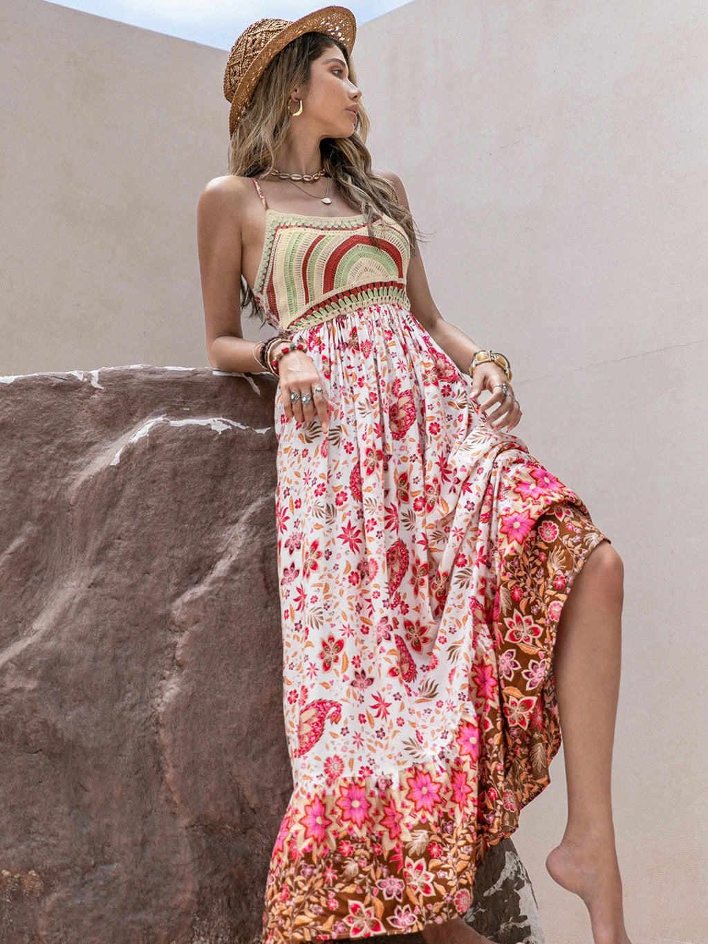 Charge süßer Spaghettiträger Blumenmuster Holiday Dress Maxikleid Damen