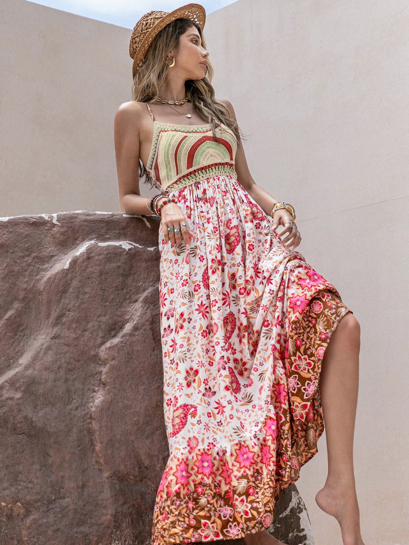 Charge süßer Spaghettiträger Blumenmuster Holiday Dress Maxikleid Damen
