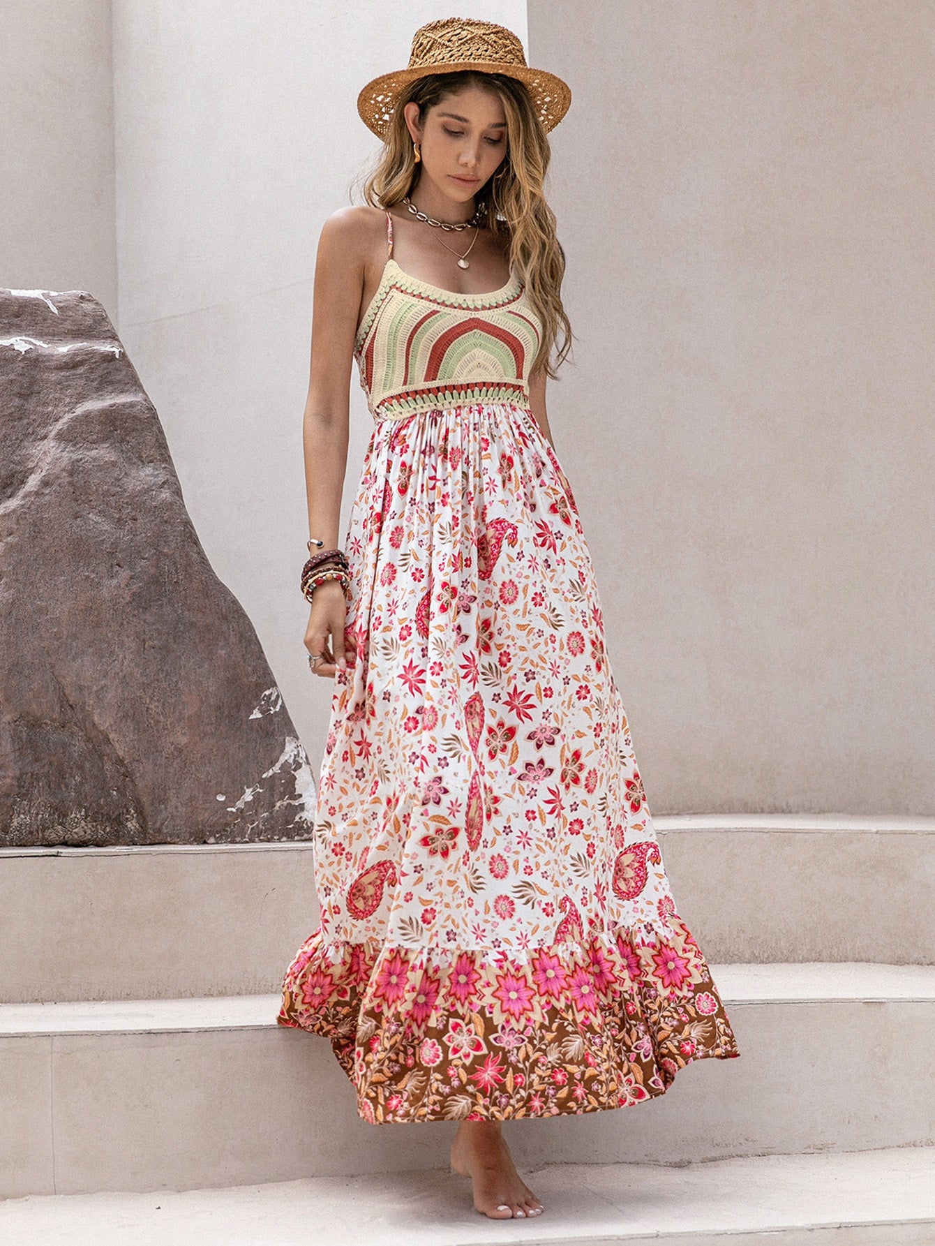 Charge süßer Spaghettiträger Blumenmuster Holiday Dress Maxikleid Damen
