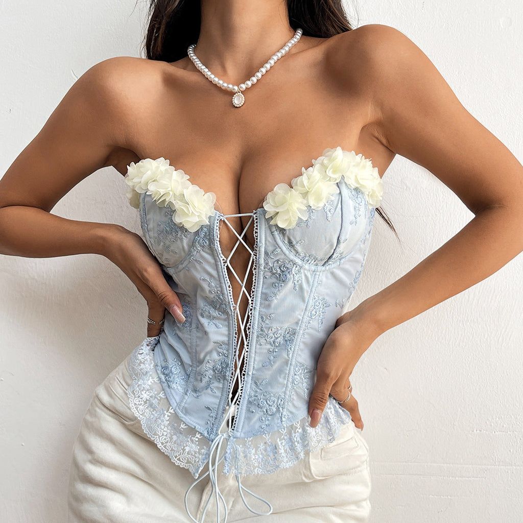 Bestickter handgemachter floraler sexy Spitzenvolantbesatz, geschnürtes Korsett mit Stäbchen, Korsettweste