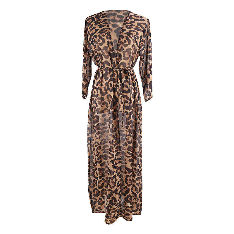 Leoparden-Chiffon lockere lange Strickjacke Strand Sonnenschutzmantel Strandüberwurf Badeanzug Oberbekleidung Damen