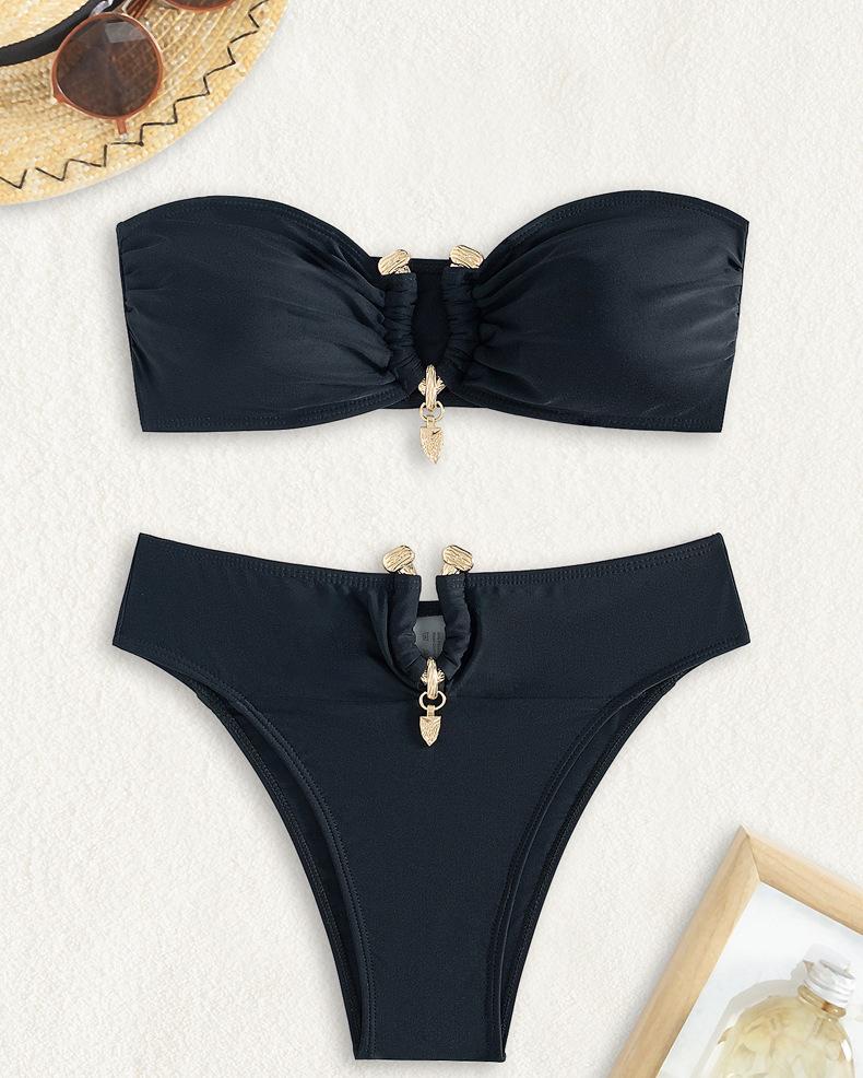Einfarbiger Bandeau-Bikini Sexy Split Badeanzug Set Damen Bikini Badeanzug