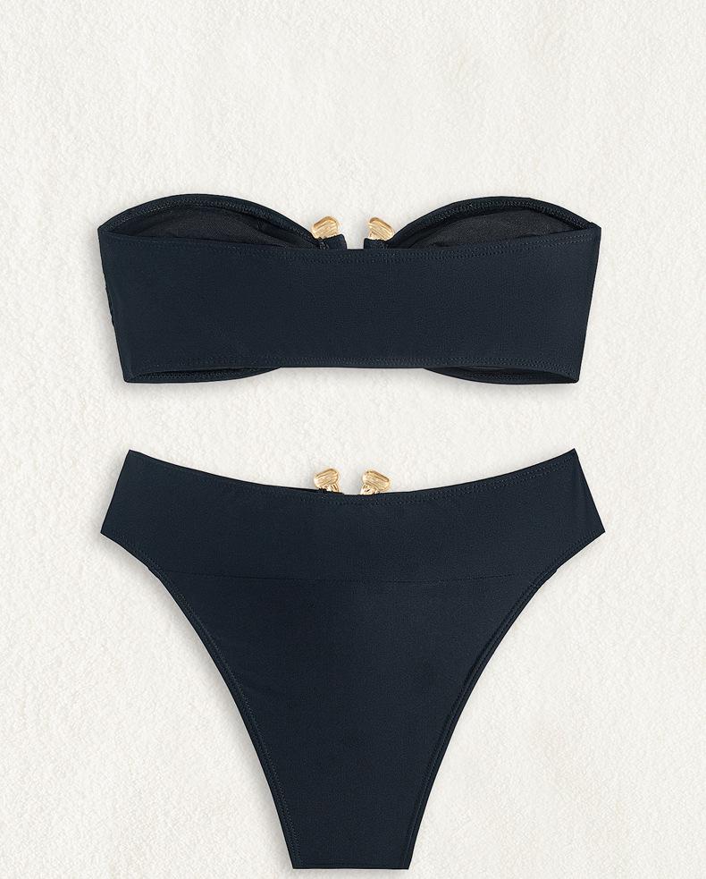 Einfarbiger Bandeau-Bikini Sexy Split Badeanzug Set Damen Bikini Badeanzug