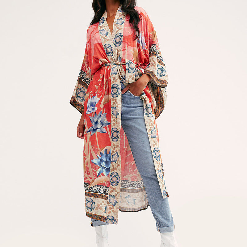 Kimono Orange Hintergrund Kranich Blumen Rot Blumen Sonnenschutz Cardigan Strand-Vertuschung Badeanzug Oberbekleidung Urlaub Rock Damen