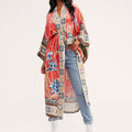 Kimono Orange Hintergrund Kranich Blumen Rot Blumen Sonnenschutz Cardigan Strand-Vertuschung Badeanzug Oberbekleidung Urlaub Rock Damen