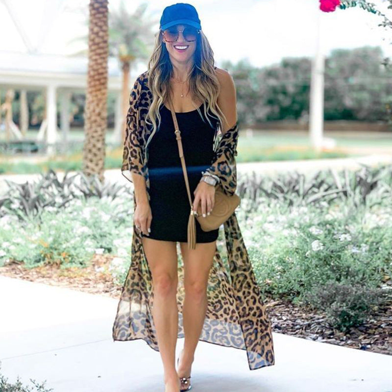 Leoparden-Chiffon lockere lange Strickjacke Strand Sonnenschutzmantel Strandüberwurf Badeanzug Oberbekleidung Damen