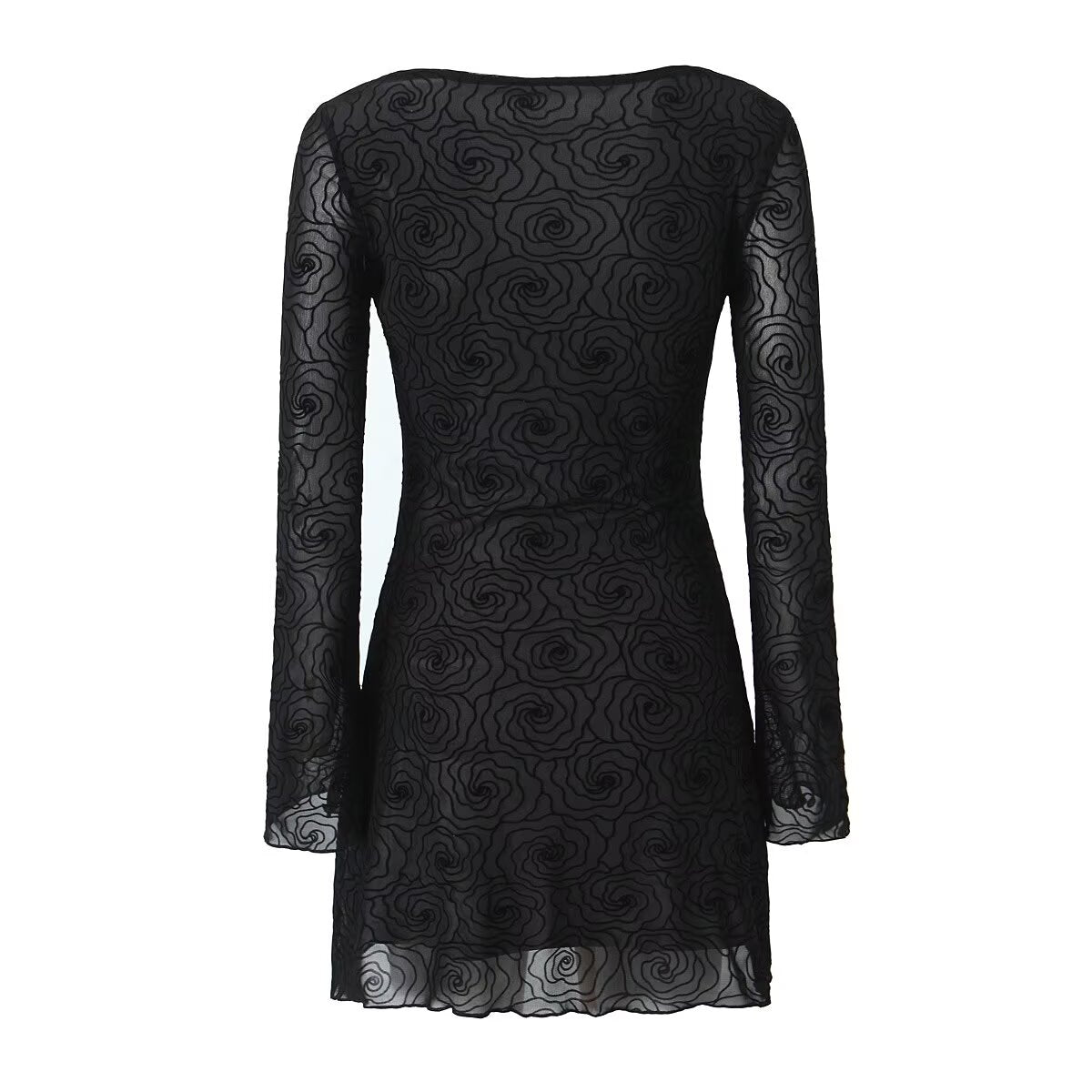 Sexy rein schwarzes florales Linien-Rundhals-Langarm-A-Linien-Kleid für Damen – schmal geschnitten, tailliert, kurzes Kleid, figurbetont