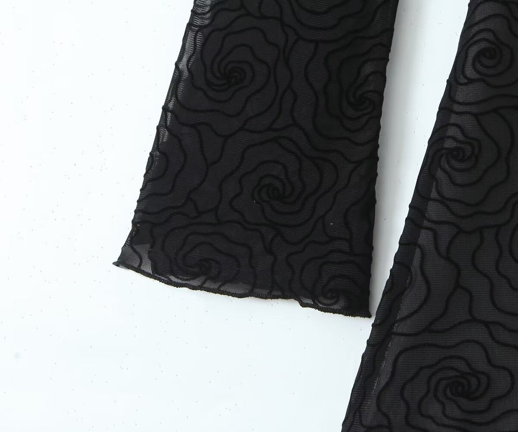 Sexy rein schwarzes florales Linien-Rundhals-Langarm-A-Linien-Kleid für Damen – schmal geschnitten, tailliert, kurzes Kleid, figurbetont