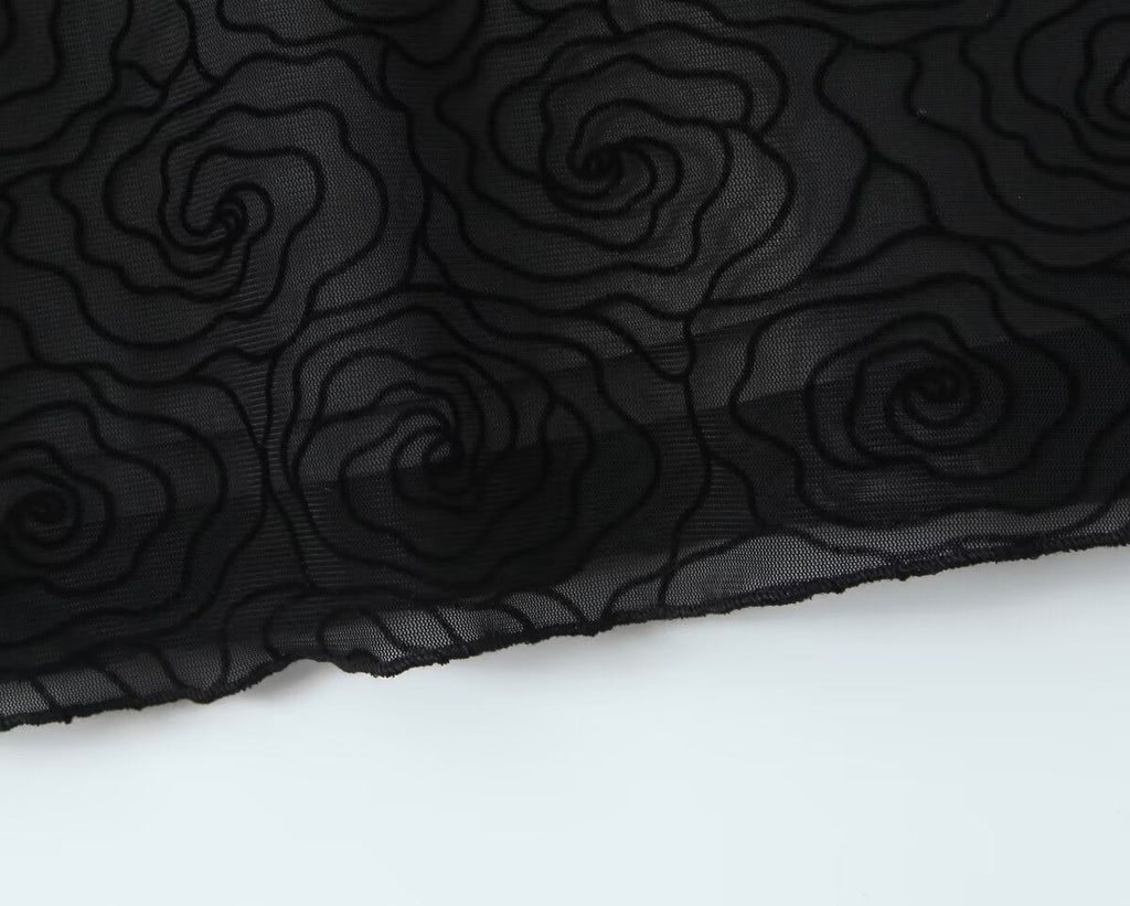 Sexy rein schwarzes florales Linien-Rundhals-Langarm-A-Linien-Kleid für Damen – schmal geschnitten, tailliert, kurzes Kleid, figurbetont