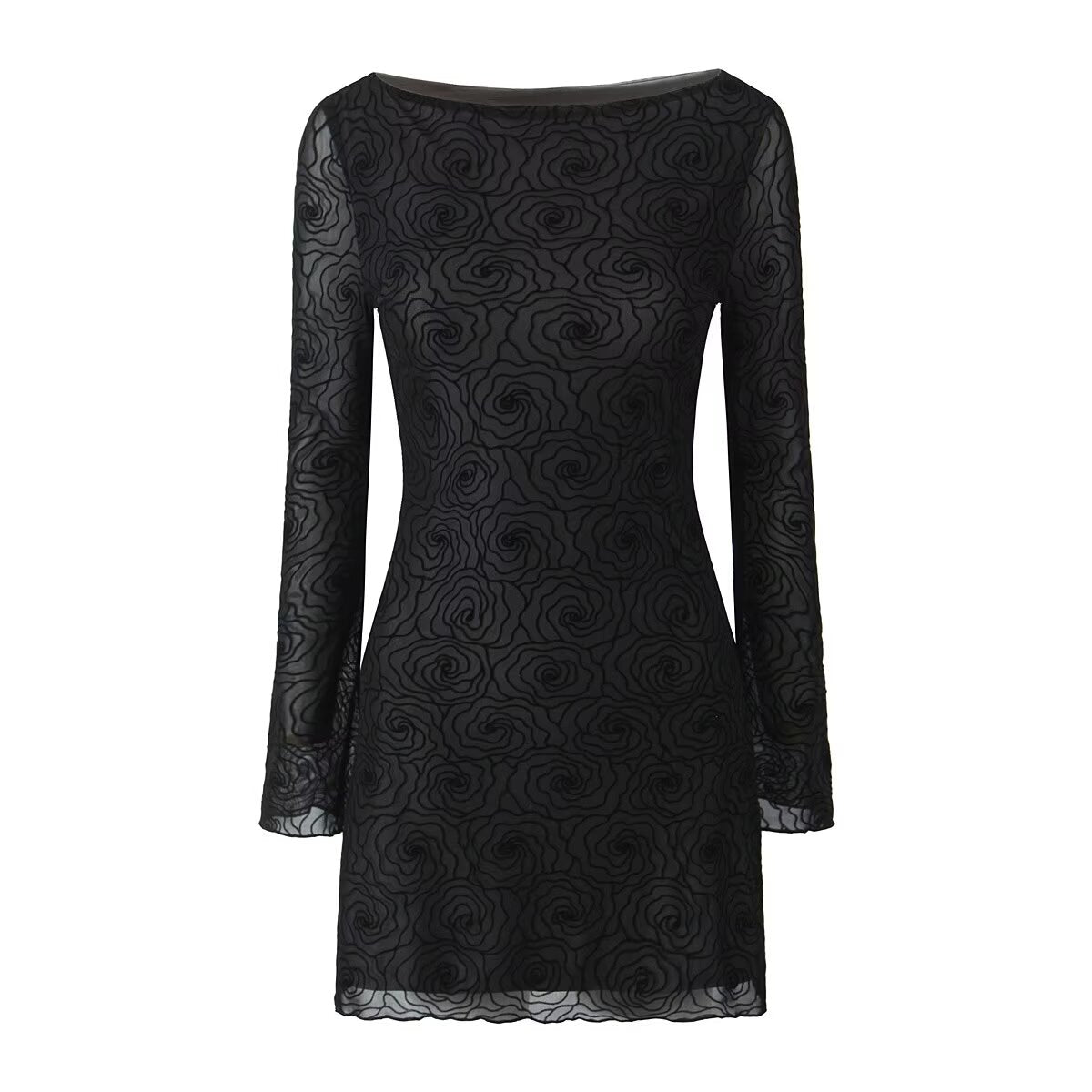 Sexy rein schwarzes florales Linien-Rundhals-Langarm-A-Linien-Kleid für Damen – schmal geschnitten, tailliert, kurzes Kleid, figurbetont