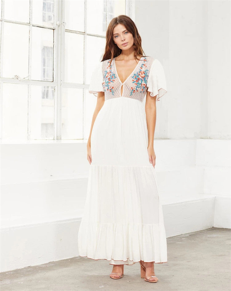 Besticktes sexy tiefes V-Ausschnitt-Kleid für den Urlaub, Strandüberwurf, Sonnenschutz-Hemdkleid, Maxikleid