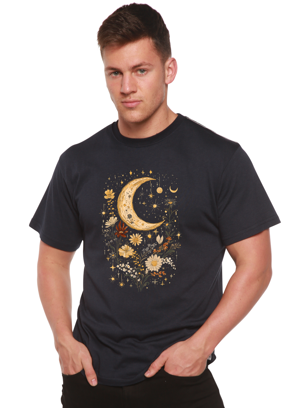 Celestial Moon Boho Flowers Vintage Unisex Bamboo/Cotton Graphic T-Shirt - The7Letter