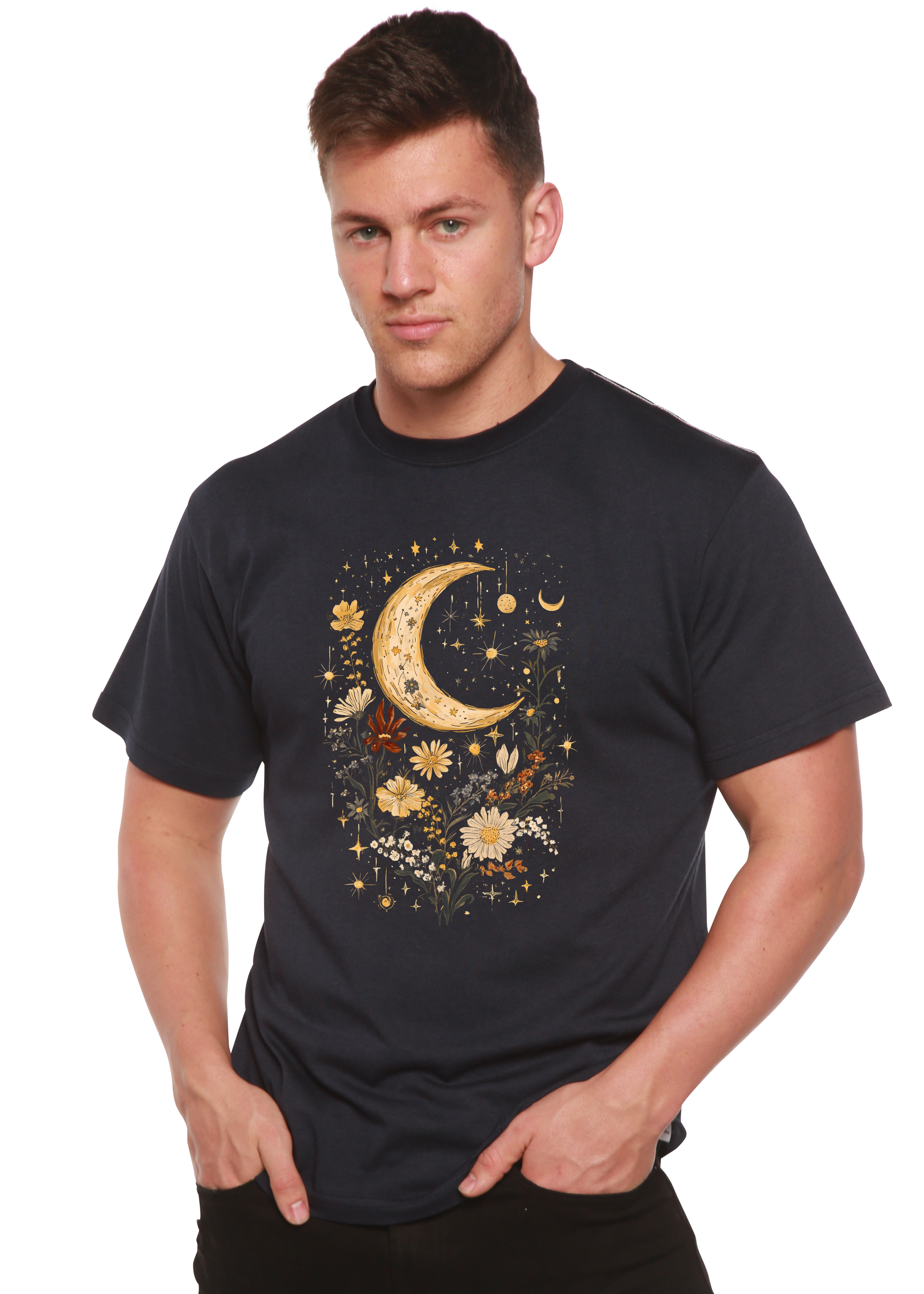 Celestial Moon Boho Flowers Vintage Unisex Bamboo/Cotton Graphic T-Shirt - The7Letter