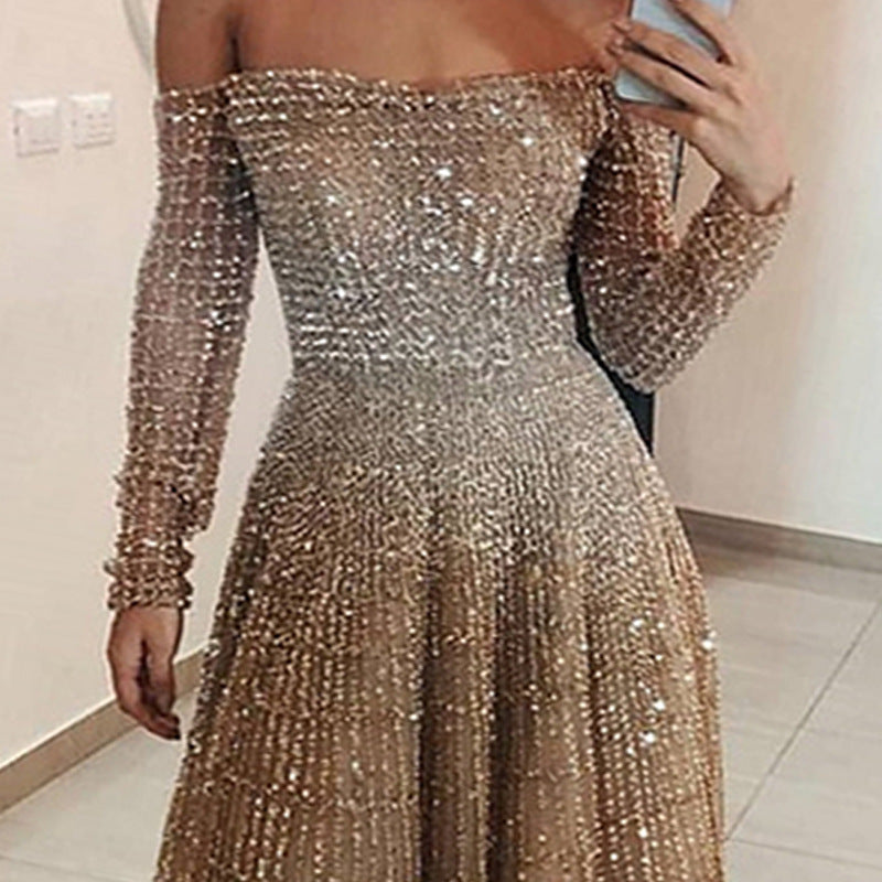 Langes Herbst-Winter-glänzendes schulterfreies Langarm-Tube-Top-Kleid