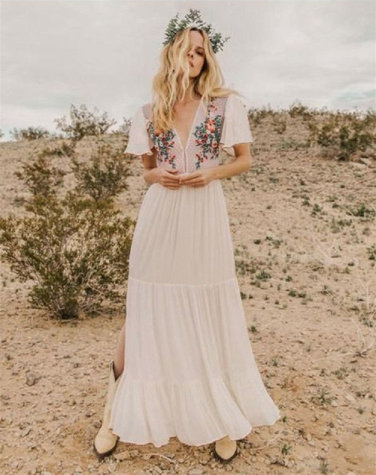Besticktes sexy tiefes V-Ausschnitt-Kleid für den Urlaub, Strandüberwurf, Sonnenschutz-Hemdkleid, Maxikleid