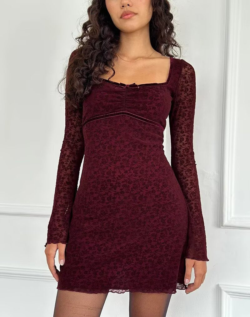 Retro Beflockung Jacquard Langarmkleid Damen Herbst Winter Französisch Sexy Skinny Etuikleid Mesh-Kleid