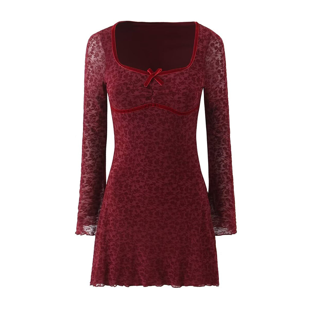 Retro Beflockung Jacquard Langarmkleid Damen Herbst Winter Französisch Sexy Skinny Etuikleid Mesh-Kleid