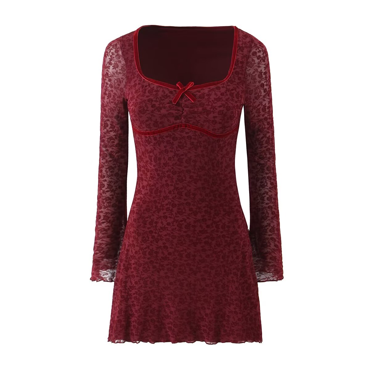 Retro Beflockung Jacquard Langarmkleid Damen Herbst Winter Französisch Sexy Skinny Etuikleid Mesh-Kleid