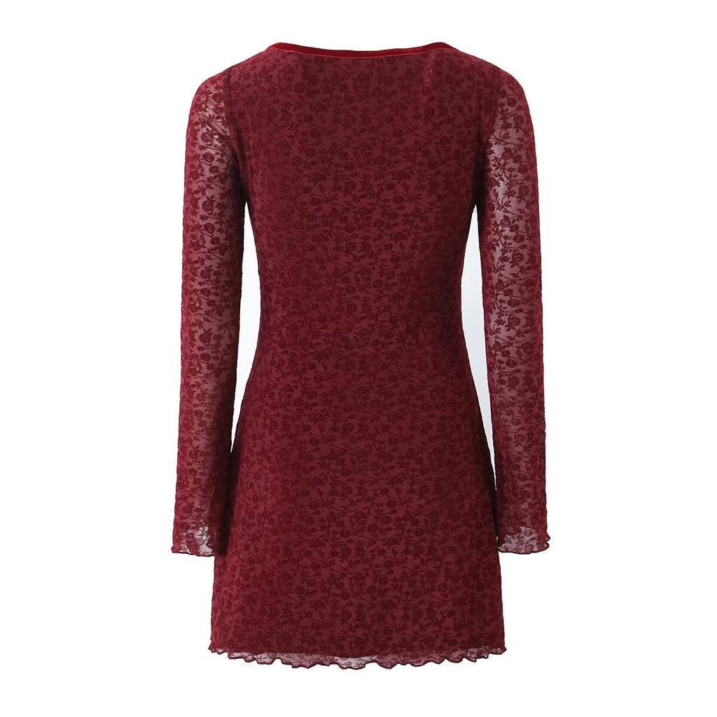 Retro Beflockung Jacquard Langarmkleid Damen Herbst Winter Französisch Sexy Skinny Etuikleid Mesh-Kleid