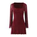 Retro Beflockung Jacquard Langarmkleid Damen Herbst Winter Französisch Sexy Skinny Etuikleid Mesh-Kleid